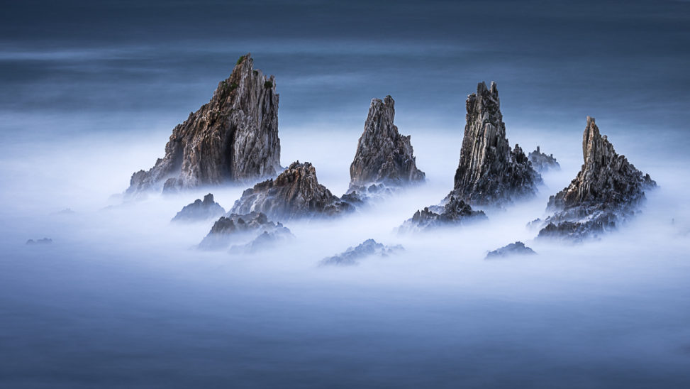 sea stacks, blue hour, long exposure, sea, coast line